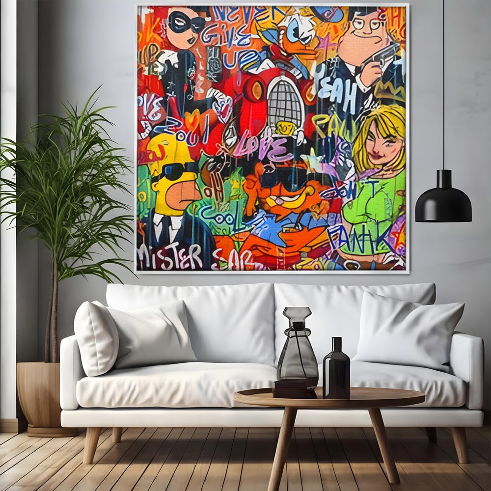 Tablou canvas cu tablou canvas cu personaje din desene animate si graffiti, in rama de aluminiu argintiu, pe perete intr-un living